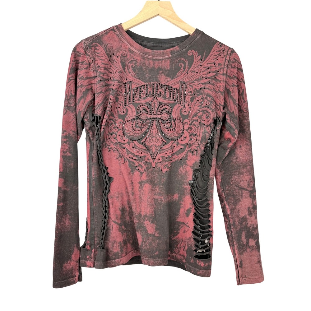 Affliction Long Sleeve Shirt Womens Medium Red Black Acid Wash McBling Cutouts